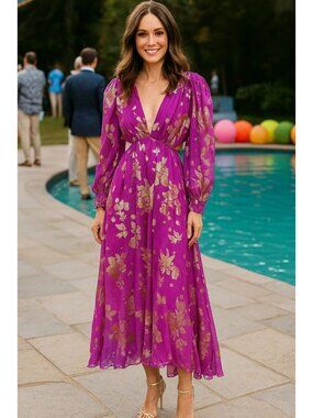 Delfi Collective Silk Gold Floral Cutout Open Long Sleeve Dress Size Small NWT